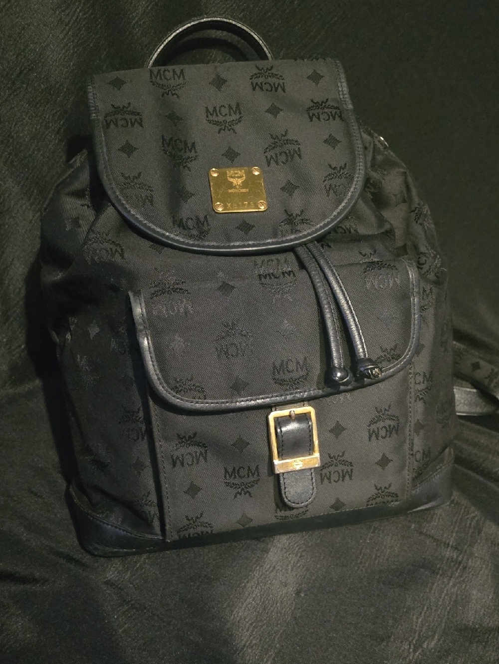 MCM Black Monogram Nylon Backpack with Gold Hardware